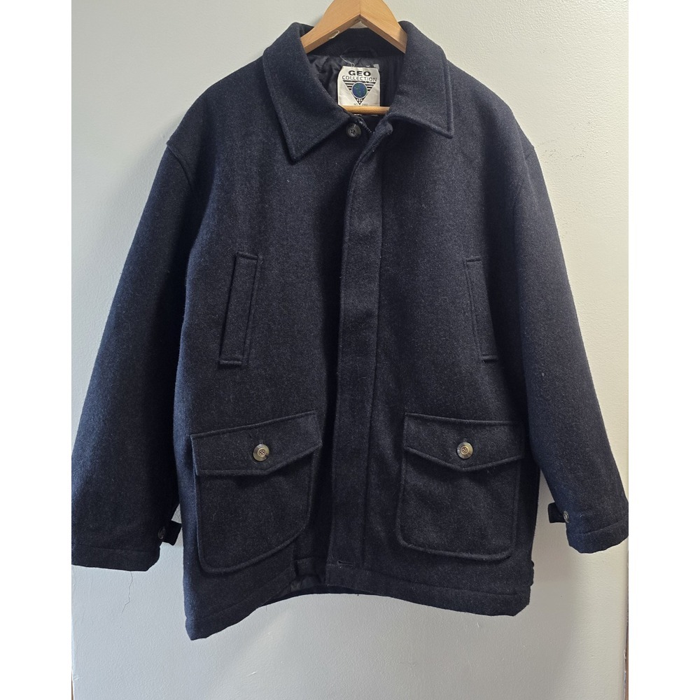 Geo Collection Mens Charcoal Wool Blend Coat L Heavy Winter Professional Classy - Picture 13 of 16
